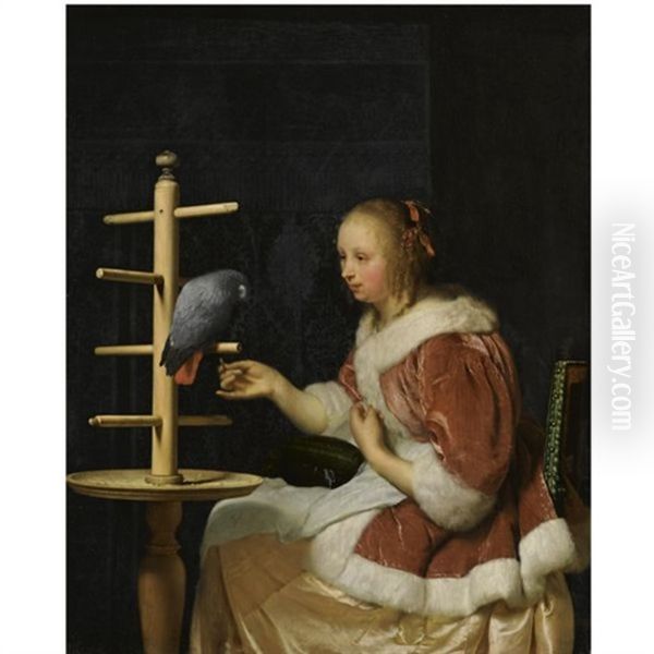 A Young Woman In A Red Jacket Feeding A Parrot Oil Painting by Frans van Mieris