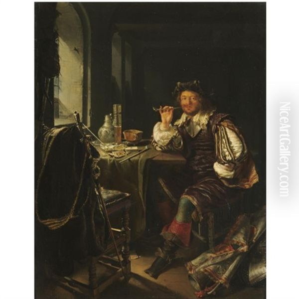 An Interior With A Soldier Smoking A Pipe Oil Painting by Frans van Mieris