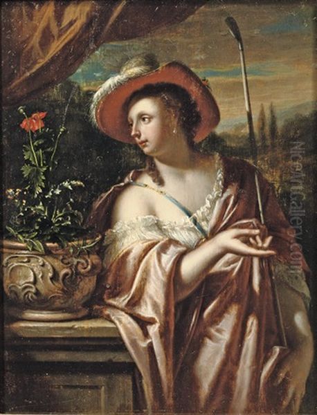 A Shepherdess Standing Near A Plinth With Flowers Oil Painting by Frans van Mieris