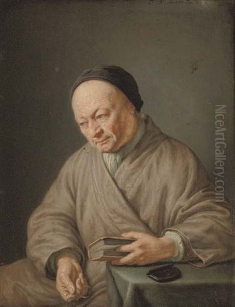 An Elderly Man Seated In A Beige Robe With A Black Cap, Holding A Book In His Left Hand And Glasses In His Right Oil Painting by Frans van Mieris