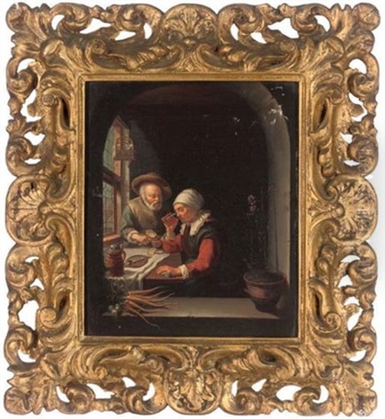 An Elderly Couple Eating And Drinking By A Casement Oil Painting by Frans van Mieris