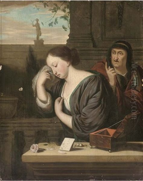 A Woman Weeping On A Balcony, With A Peasant Woman Behind Her Oil Painting by Frans van Mieris