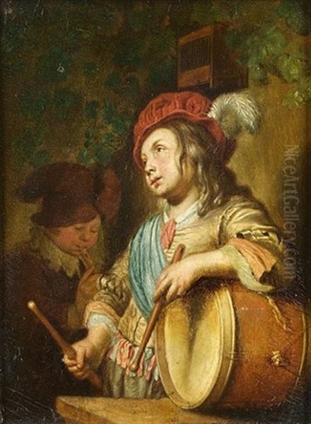 A Man Holding A Large Roemer (+ Boys Playing The Flute And Drum; Pair) Oil Painting by Frans van Mieris