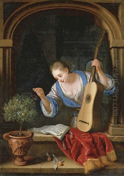 A Young Woman Catching A Butterfly In A Window, With A Guitar, Book And Orange Tree On The Sill Oil Painting by Frans van Mieris