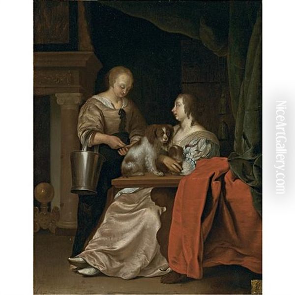 An Interior With A Maid, A Lady And Her Two Dogs Oil Painting by Frans van Mieris