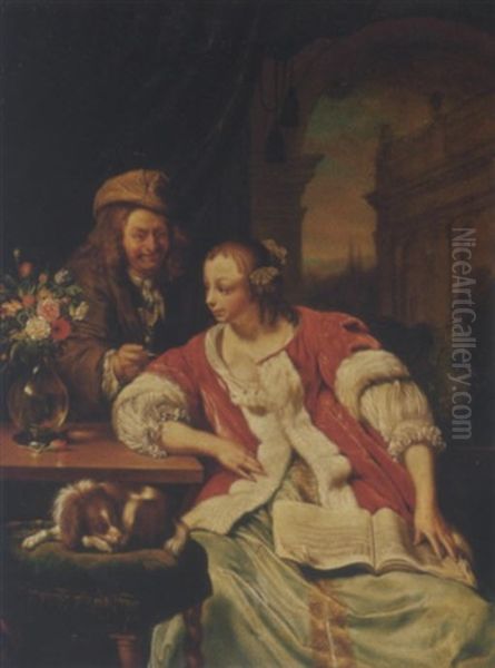 A Man Offering A Glass Of Wine To An Elegant Young Lady Studying Music In An Interior, A Flower Still Life On A Table Oil Painting by Frans van Mieris
