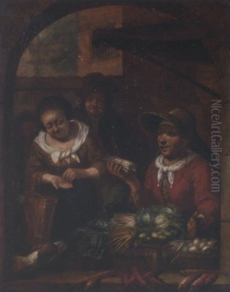 An Elderly Woman Selling Vegetables To A Peasant Woman Oil Painting by Frans van Mieris