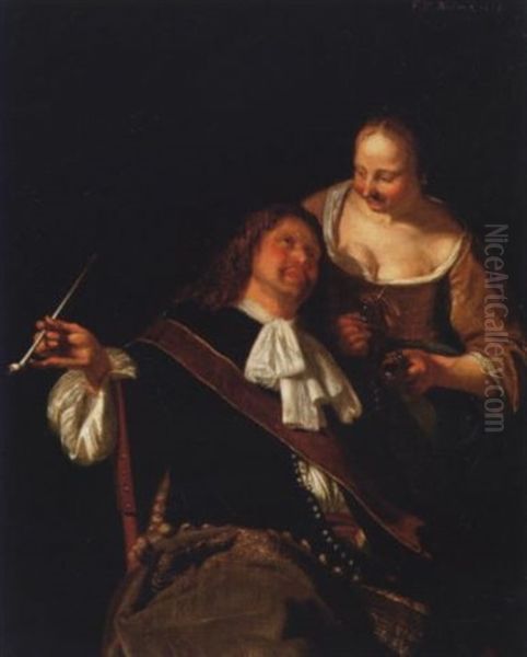 A Cavalier And A Lady In An Interior Oil Painting by Frans van Mieris