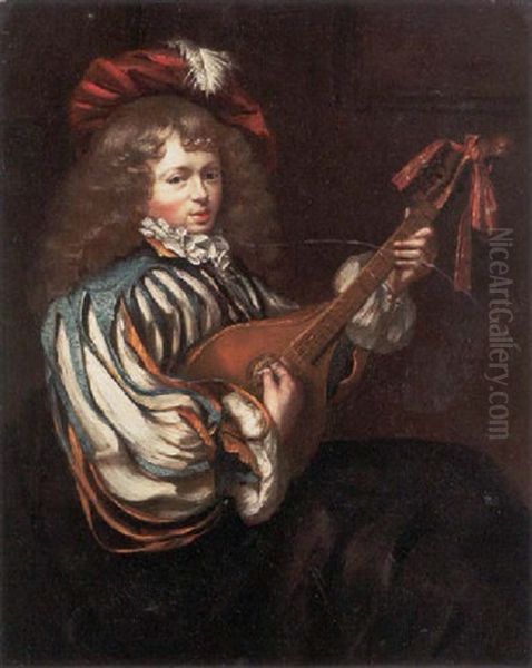 A Young Boy In A Feathered Red Cap Playing The Mandolin Oil Painting by Frans van Mieris