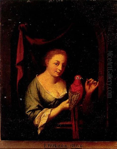 A Woman With A Parrot At A Windowsill Oil Painting by Frans van Mieris