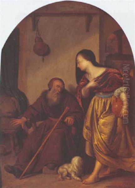 The Wife Of Jeroboam And The Prophet Ahiajah Oil Painting by Frans van Mieris
