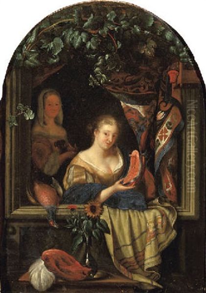 A Woman At A Feigned Stone Window Holding A Salmon Steak Oil Painting by Frans van Mieris