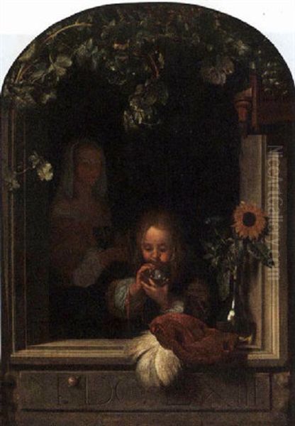 A Boy Blowing Bubbles In A Window With A Maid Standing Behind Oil Painting by Frans van Mieris