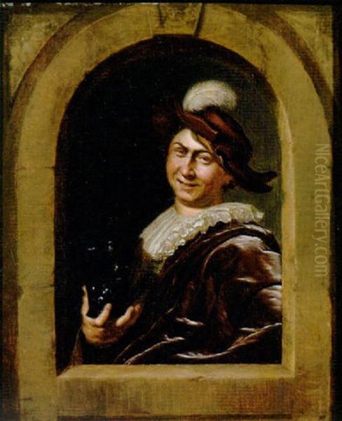 A Youth In Fancy Dress At A Feigned Stone Window, Holding A Roemer Oil Painting by Frans van Mieris