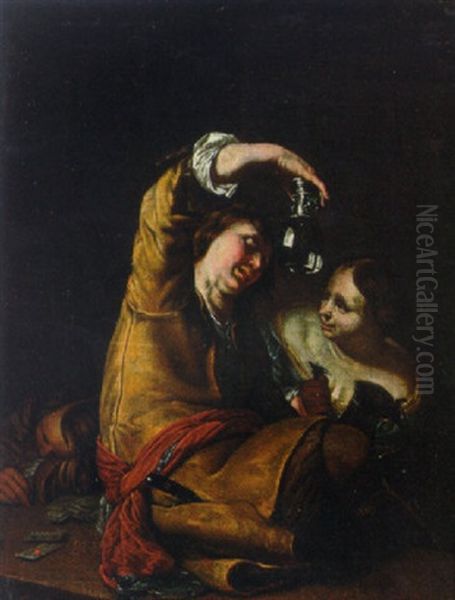 A Guard Holding An Upturned Roemer With A Serving Wench In A Tavern Oil Painting by Frans van Mieris