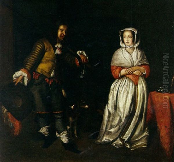 An Interior Scene With A Gentleman In Hunting Clothes Wooing A Lady Oil Painting by Frans van Mieris
