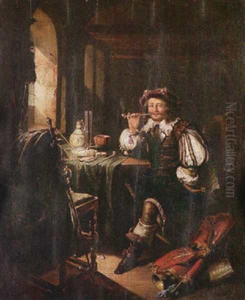 A Cavalier Smoking In An Interior Oil Painting by Frans van Mieris