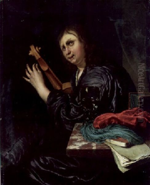 A Man Tuning A Violin In An Interior With A Roemer, A Hat And Books On A Table Beside Him Oil Painting by Frans van Mieris