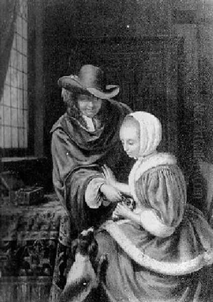 Father And Daughter With The Family Pets Oil Painting by Frans van Mieris