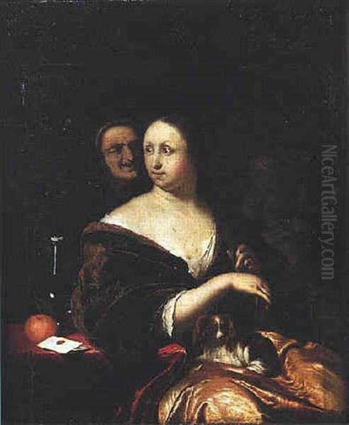 Vanite Sous Les Traits D'une Elegante Au Petit Chien Et Au Pli Cachete Oil Painting by Frans van Mieris