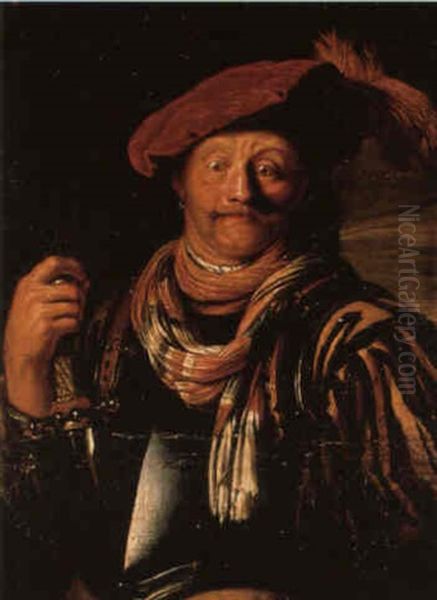 A Soldier Wearing A Plumed Cap And A Gorget, Holding A Sword Oil Painting by Frans van Mieris