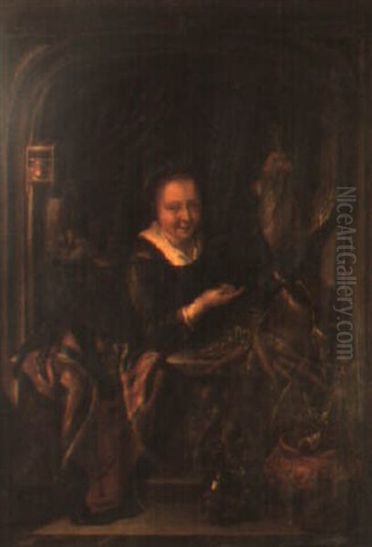 A Woman Standing At A Window Holding Dead Game Oil Painting by Frans van Mieris