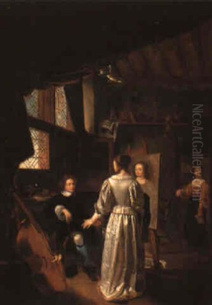 An Artist Seated At His Easel Discussing A Portrait With The Sitter Oil Painting by Frans van Mieris