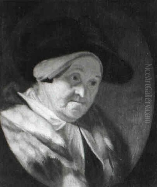 Study Of An Old Lady In Black Hat And Fur Shawl Oil Painting by Frans van Mieris