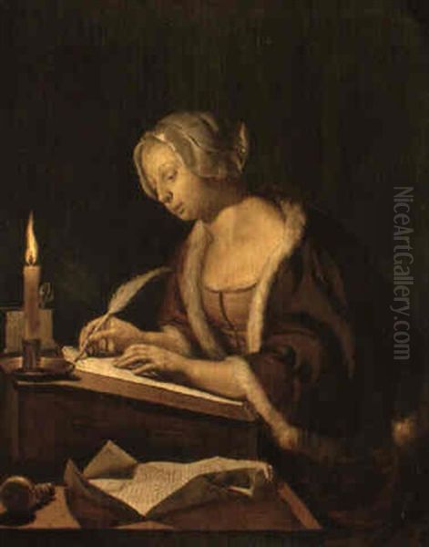 A Woman Writing A Letter By Candlelight Oil Painting by Frans van Mieris