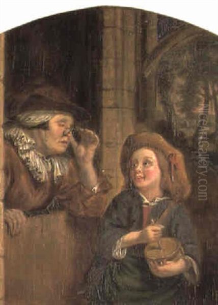 A Young Girl Beating A Drum Outside A Casment Window Oil Painting by Frans van Mieris