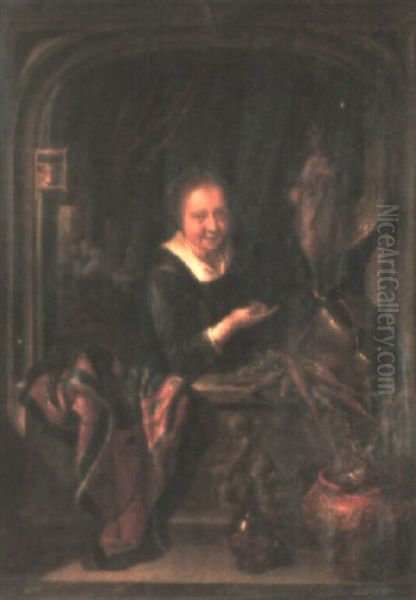 A Woman Standing At A Window Holding Dead Game Oil Painting by Frans van Mieris