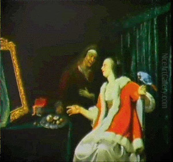 Jeune Femme Nourrissant Un Perroquet (vertumne Et Pomone) Oil Painting by Frans van Mieris