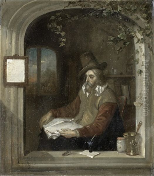 A Bearded Man Reading, Seated At A Casement Window Oil Painting by Frans van the Younger Mieris