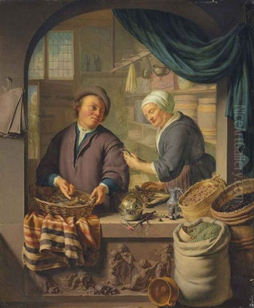 A Man And A Woman In A Grocer's Shop, With Fish In A Woven Basket And Scales On A Stone Ledge Sculpted With Putti, With A Basket Of Walnuts... Oil Painting by Frans van the Younger Mieris