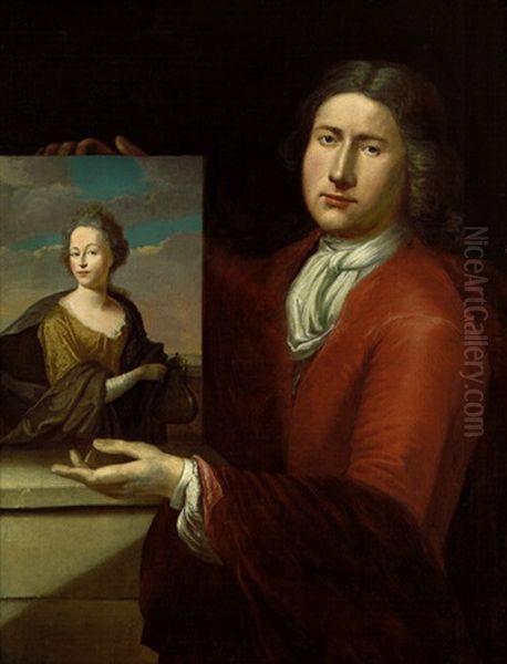 Selbstbildnis Mit Dem Gemalten Bildnis Seiner Frau Oil Painting by Frans van the Younger Mieris