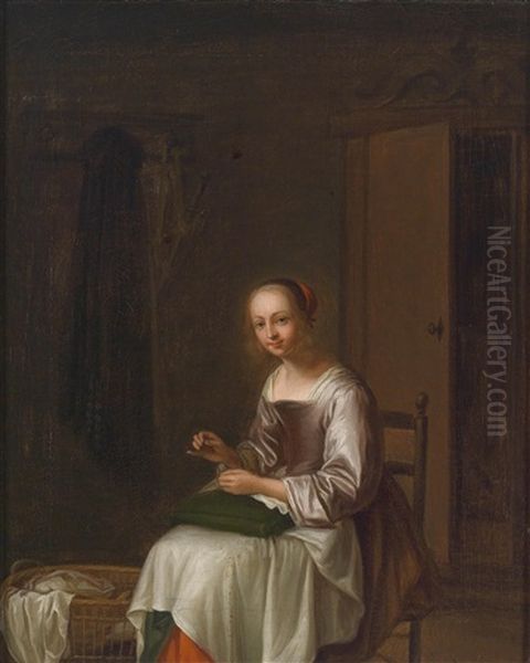 Interieur Mit Einer Jungen Frau Bei Der Naharbeit Oil Painting by Frans van the Younger Mieris