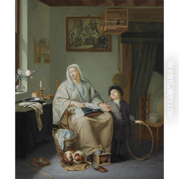 An Interior With A Woman Doing Needlework And A Young Boy With A Hoop Oil Painting by Frans van the Younger Mieris