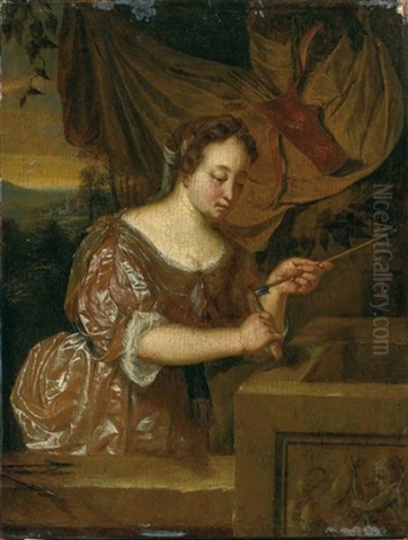 Jeune Femme Tenant Une Fleche Oil Painting by Frans van the Younger Mieris