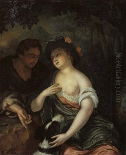 Junges Paar Vor Landschaftlichem Hintergrund Oil Painting by Frans van the Younger Mieris