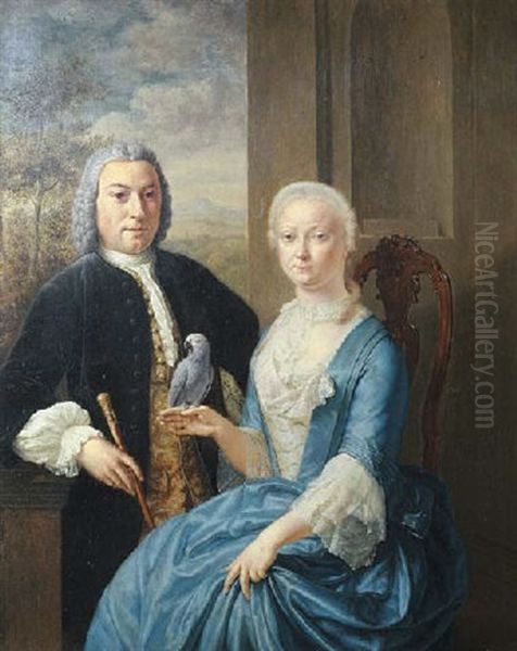 Portrait Of Pieter De La Court On A Balcony And Of His Wife Geertruida Jacoba De Bye, A Landscape Beyond Oil Painting by Frans van the Younger Mieris