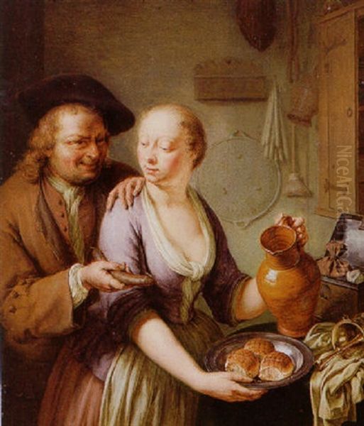 A Man Making Advances To A Maid In A Kitchen Interior Oil Painting by Frans van the Younger Mieris