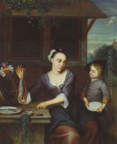 A Woman Selling Herrings To A Boy Oil Painting by Frans van the Younger Mieris