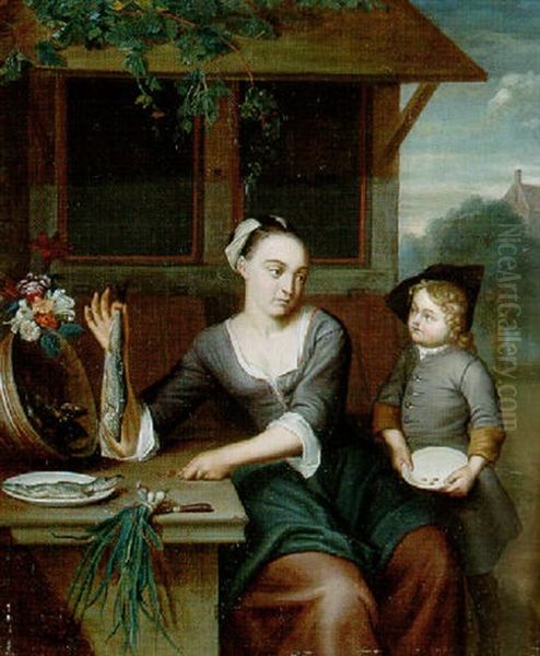 A Woman Selling Herrings To A Boy Oil Painting by Frans van the Younger Mieris