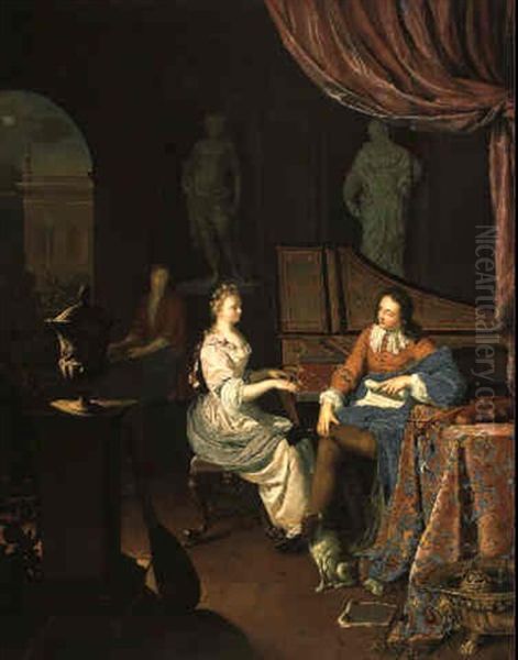 A Woman Playing The Harpsichord With A Man Seated Nearby Oil Painting by Frans van the Younger Mieris