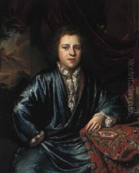 Portrait Of A Gentleman At A Desk, A Rocky Landscape Beyond Oil Painting by Frans van the Younger Mieris