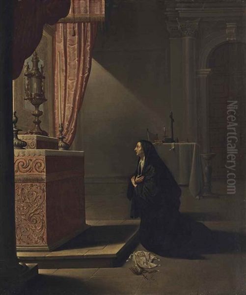 A Nun In A Church Interior Oil Painting by Willem Van Mieris Leiden
