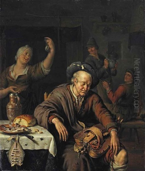 The Sleeping Hurdy-gurdy Player Oil Painting by Willem Van Mieris Leiden