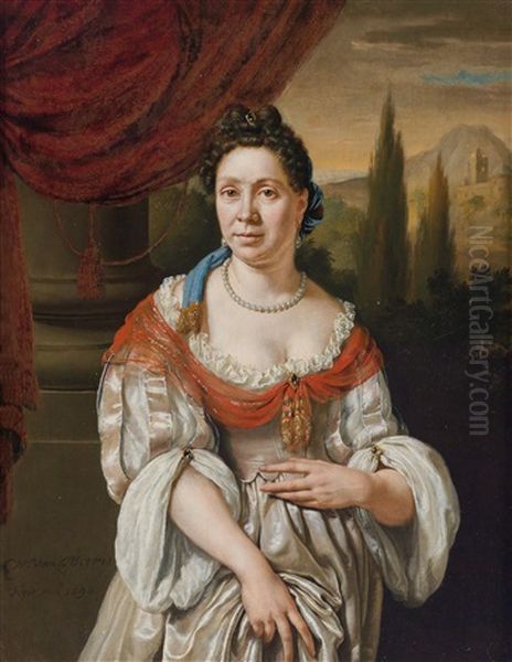 Portrait Of A Lady Against A Landscape Backdrop Oil Painting by Willem Van Mieris Leiden