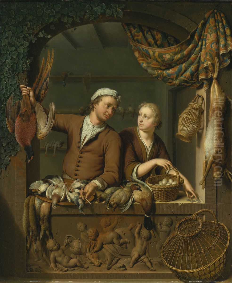 The Poulterer's Shop Oil Painting by Willem Van Mieris Leiden