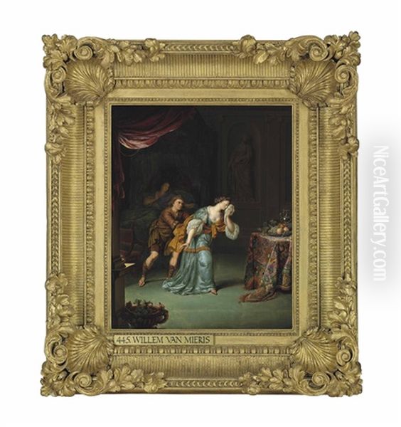 An Interior With A Man Consoling A Distressed Lady, Beside An Invalid In Bed Oil Painting by Willem Van Mieris Leiden